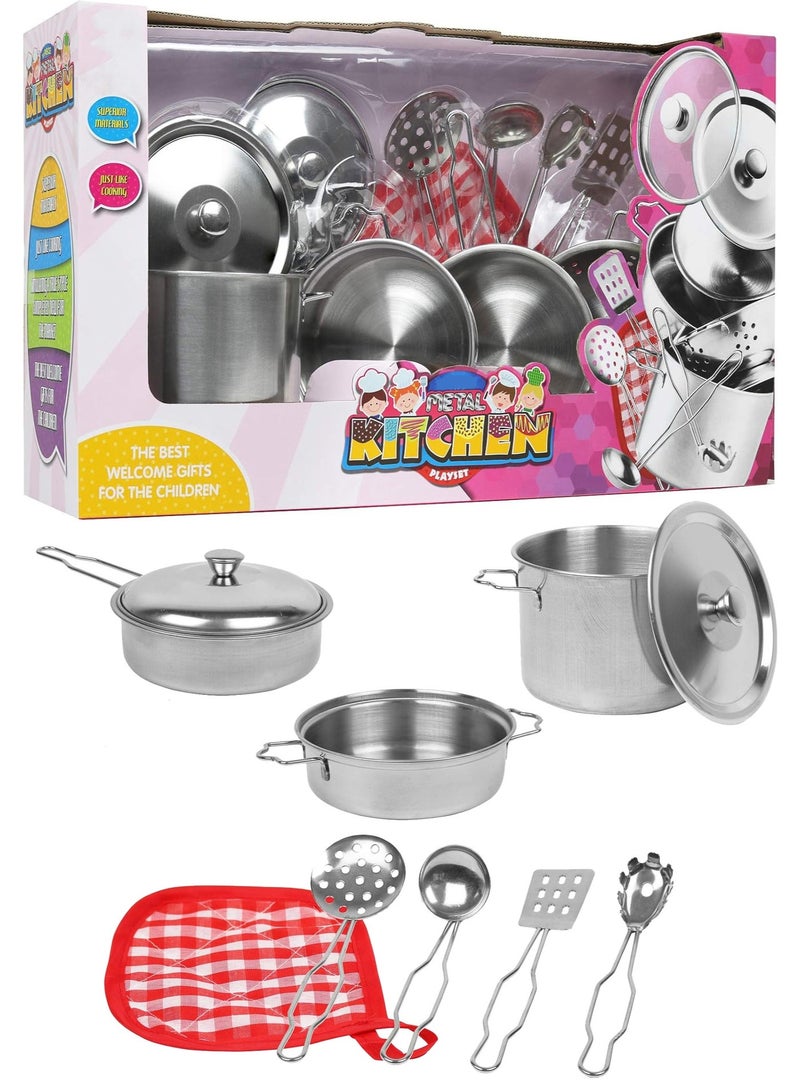 REZZOSS Stainless Steel Kitchen Playset 8 Pcs for Kids – Realistic Metal Cookware Pots & Pans Toy with Lids, Cooking Utensils & Pot Holder | Mini Chef Pretend Play Cooking Set | Montessori Learning Birthday Gift for Boys & Girls 3+ - Image 1